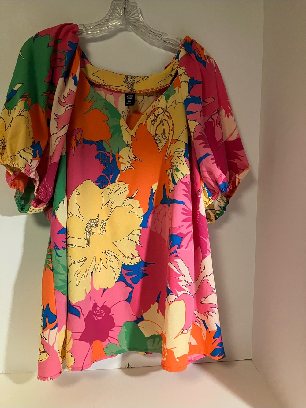 SHEIN Multicolor Floral Short Sleeve Blouse - Pink, Yellow, Orange, Green, Blue